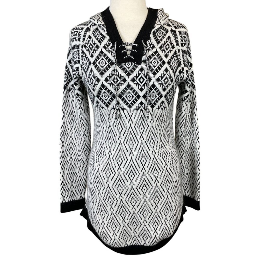 Artesania LS Hooded Knit Sweater Bk/Wh Geometric Lace-Up Front Curved Hem M